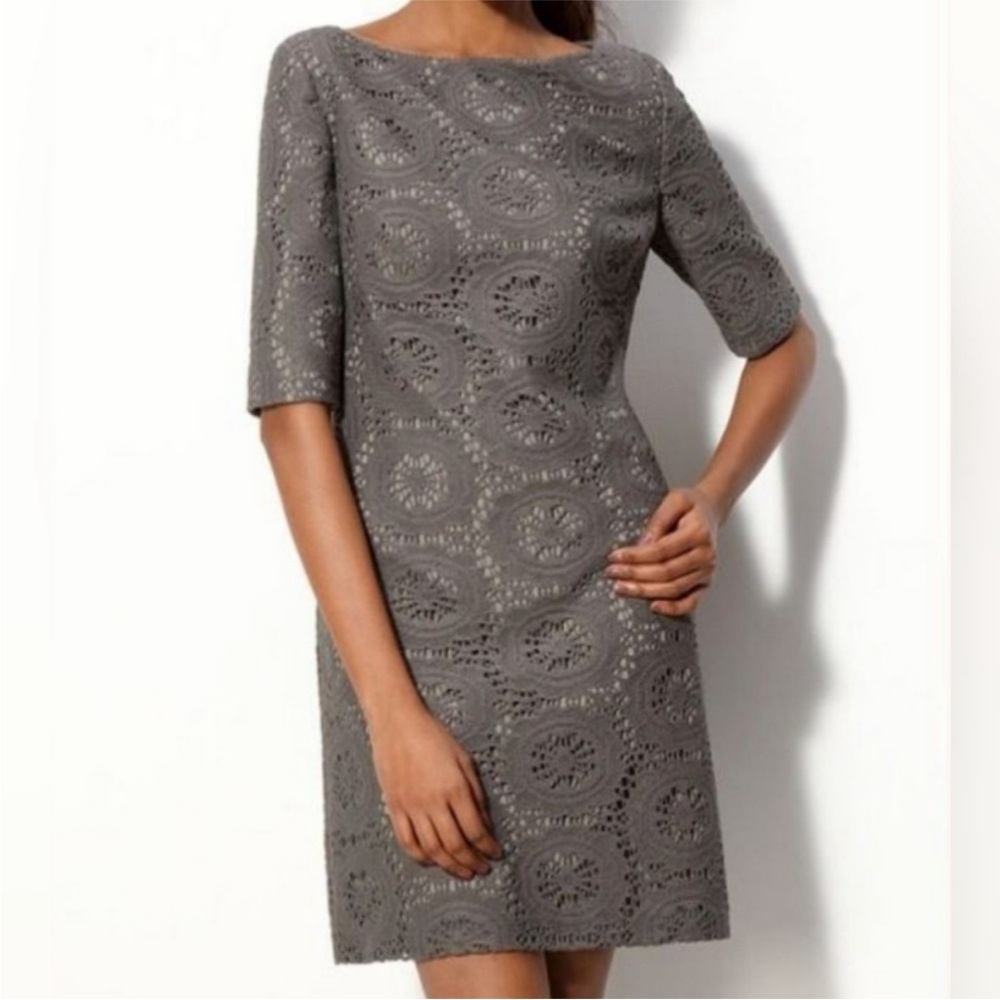 ADRIANNA PAPELL Gray Crocheted Lace Shift Dress Bateau Neck size 4